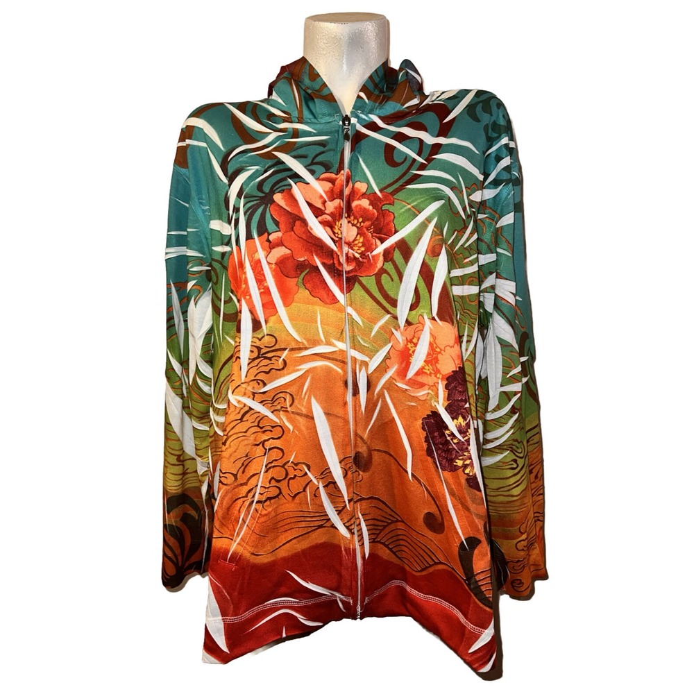 Great Northwest Floral Tropical Zip Up Hoodie Teal Orange Red Plus Size 3X
